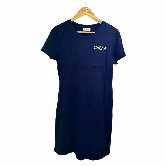 Calvin Klein Navy Blue T-shirt Dress Pocket Metallic Logo Cotton Knee Length M - Picture 4 of 9